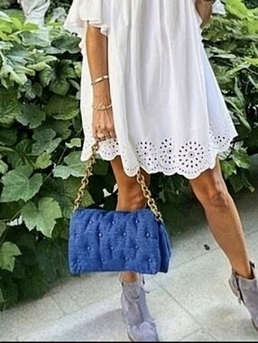 Zara Denim Puffy Quilted Convertible Shoulder Bag or Clutch With Chunky Chain